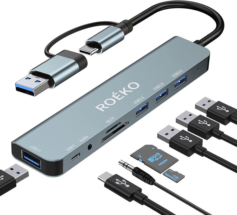 ROKO USB Hub,USB C hub multiport Adapter, USB Splitter with 1xUSB 3.0,4xUSB2.0,2 x USB C,USB c hub for MacBook Pro/PC/Laptop/Tablet Devices (Grey 8 in1) - Image 1